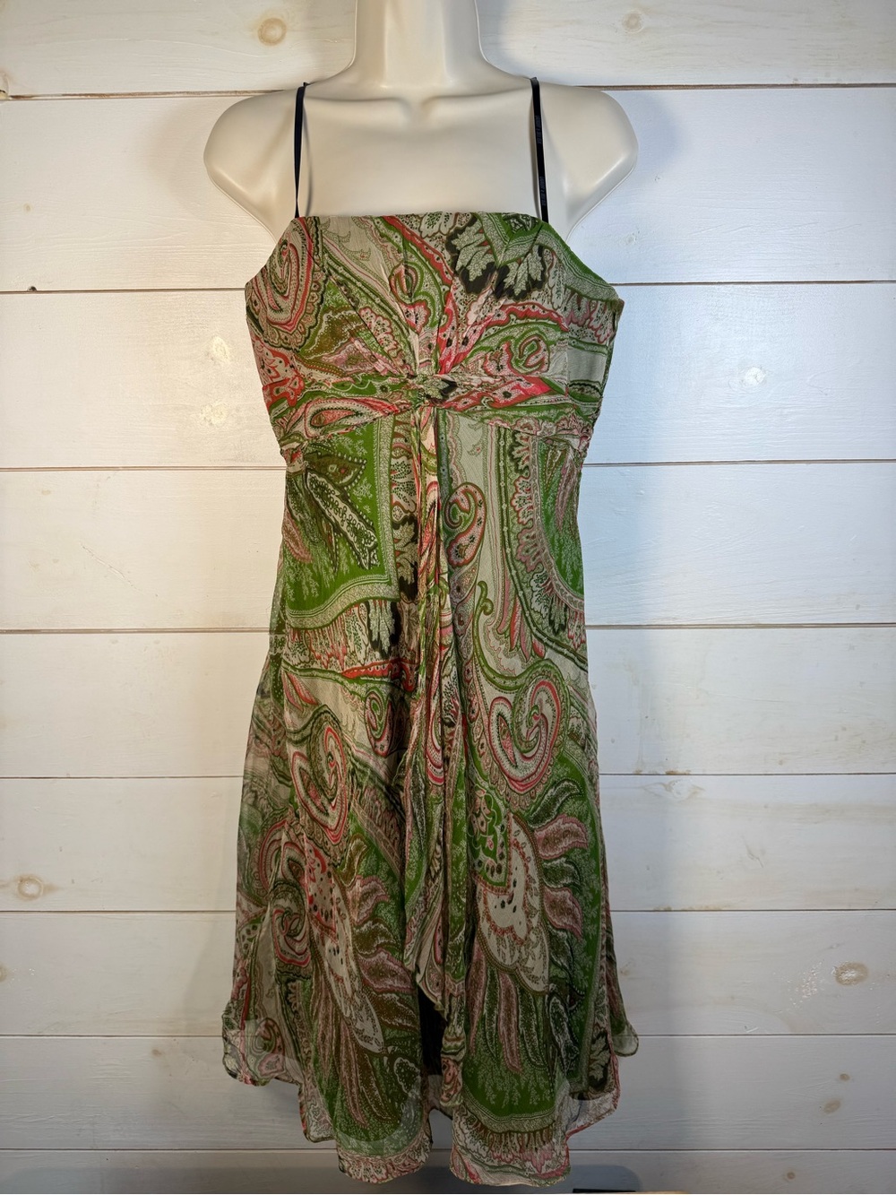 100% Silk Green Paisley Fairycore Midi Dress Y2K Size 6